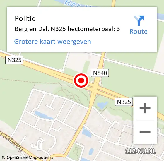 Locatie op kaart van de 112 melding: Politie Berg en Dal, N325 hectometerpaal: 3 op 29 juli 2023 11:49