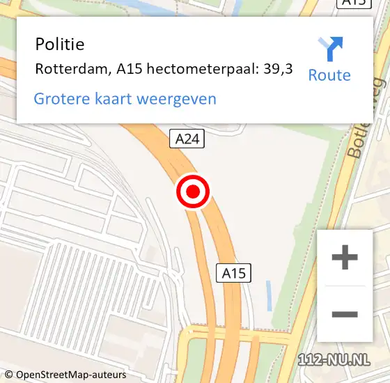 Locatie op kaart van de 112 melding: Politie Rotterdam, A15 hectometerpaal: 39,3 op 29 juli 2023 12:20