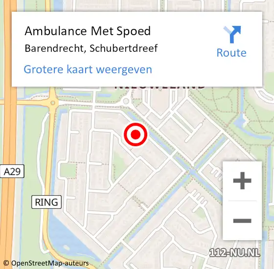 Locatie op kaart van de 112 melding: Ambulance Met Spoed Naar Barendrecht, Schubertdreef op 29 juli 2023 12:28