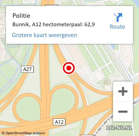 Locatie op kaart van de 112 melding: Politie Bunnik, A12 hectometerpaal: 62,9 op 29 juli 2023 12:42