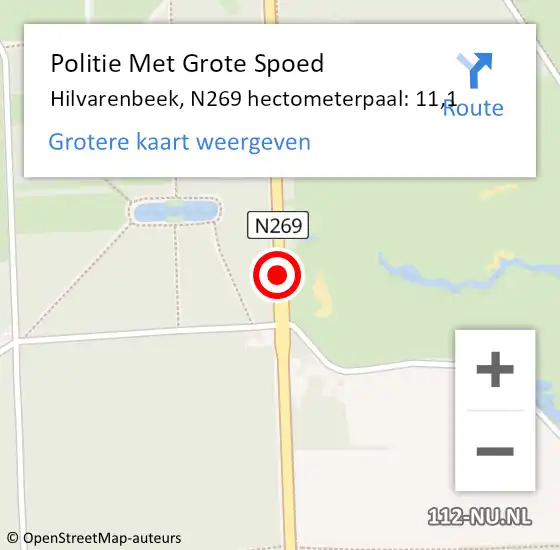 Locatie op kaart van de 112 melding: Politie Met Grote Spoed Naar Hilvarenbeek, N269 hectometerpaal: 11,1 op 29 juli 2023 13:18