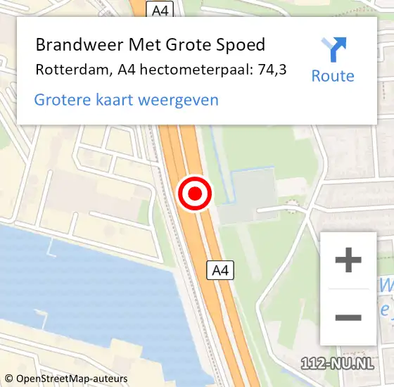 Locatie op kaart van de 112 melding: Brandweer Met Grote Spoed Naar Rotterdam, A4 hectometerpaal: 74,3 op 29 juli 2023 13:36