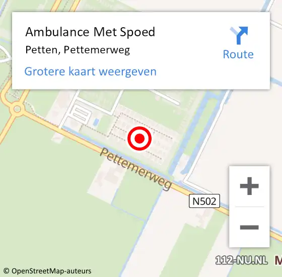 Locatie op kaart van de 112 melding: Ambulance Met Spoed Naar Petten, Pettemerweg op 29 juli 2023 14:22