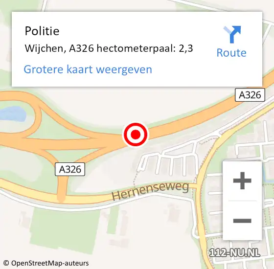 Locatie op kaart van de 112 melding: Politie Wijchen, A326 hectometerpaal: 2,3 op 29 juli 2023 15:16