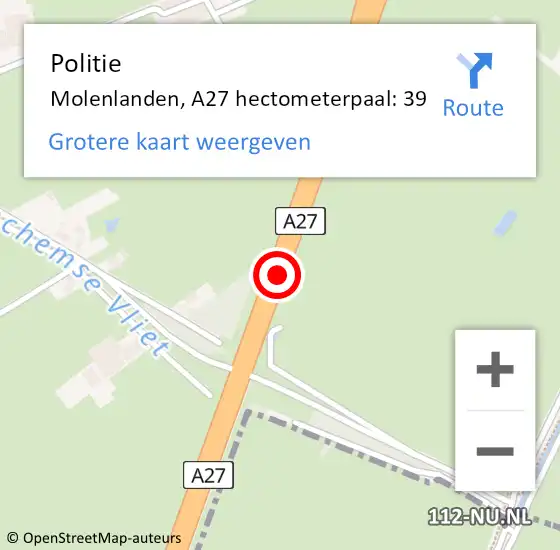 Locatie op kaart van de 112 melding: Politie Molenlanden, A27 hectometerpaal: 39 op 29 juli 2023 19:47