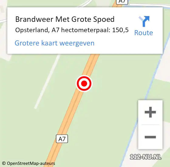 Locatie op kaart van de 112 melding: Brandweer Met Grote Spoed Naar Opsterland, A7 hectometerpaal: 150,5 op 29 juli 2023 19:56