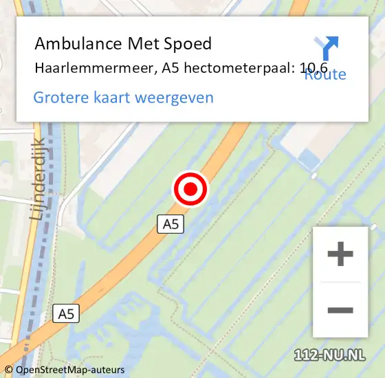 Locatie op kaart van de 112 melding: Ambulance Met Spoed Naar Haarlemmermeer, A5 hectometerpaal: 10,6 op 29 juli 2023 20:49