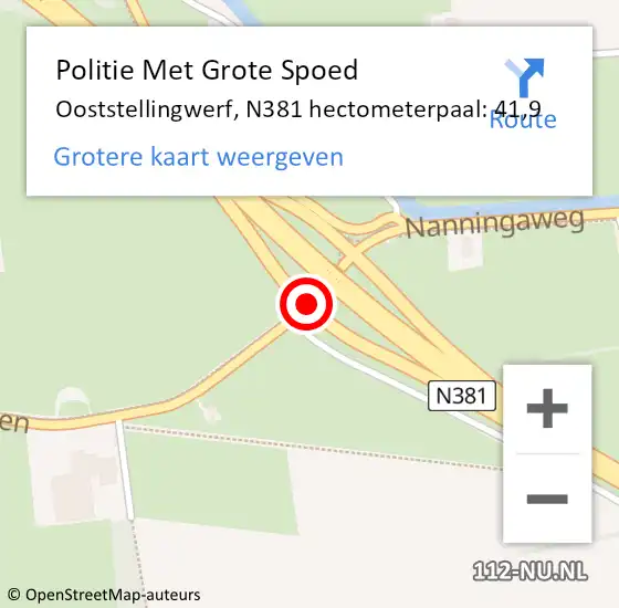 Locatie op kaart van de 112 melding: Politie Met Grote Spoed Naar Ooststellingwerf, N381 hectometerpaal: 41,9 op 30 juli 2023 04:27