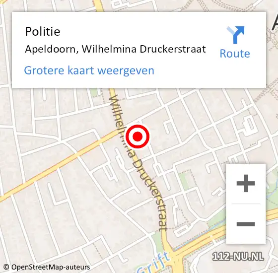 Locatie op kaart van de 112 melding: Politie Apeldoorn, Wilhelmina Druckerstraat op 30 juli 2023 04:49