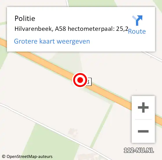 Locatie op kaart van de 112 melding: Politie Hilvarenbeek, A58 hectometerpaal: 25,2 op 30 juli 2023 06:14