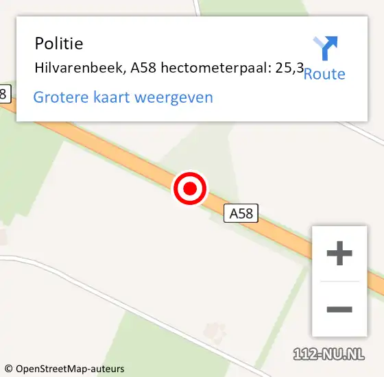 Locatie op kaart van de 112 melding: Politie Hilvarenbeek, A58 hectometerpaal: 25,3 op 30 juli 2023 06:16