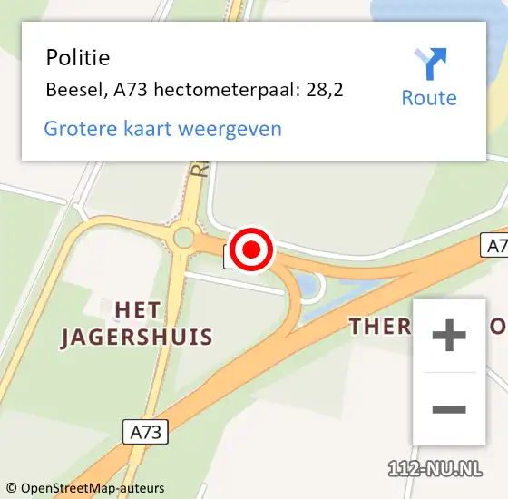 Locatie op kaart van de 112 melding: Politie Beesel, A73 hectometerpaal: 28,2 op 30 juli 2023 06:31