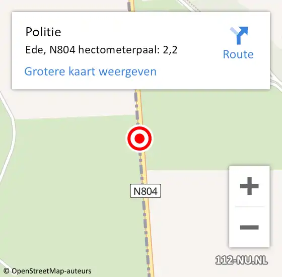 Locatie op kaart van de 112 melding: Politie Ede, N804 hectometerpaal: 2,2 op 30 juli 2023 08:18