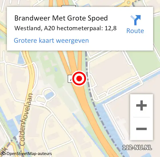 Locatie op kaart van de 112 melding: Brandweer Met Grote Spoed Naar Westland, A20 hectometerpaal: 12,8 op 30 juli 2023 08:55