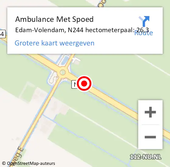 Locatie op kaart van de 112 melding: Ambulance Met Spoed Naar Edam-Volendam, N244 hectometerpaal: 26,3 op 30 juli 2023 11:49