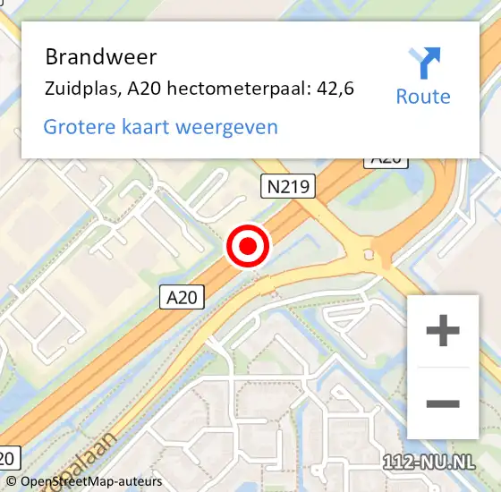 Locatie op kaart van de 112 melding: Brandweer Zuidplas, A20 hectometerpaal: 42,6 op 30 juli 2023 13:53