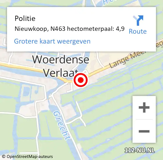 Locatie op kaart van de 112 melding: Politie Nieuwkoop, N463 hectometerpaal: 4,9 op 30 juli 2023 14:08