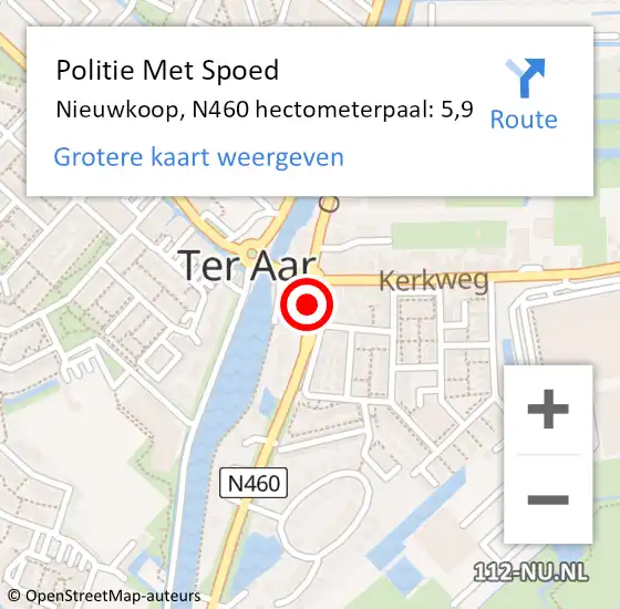 Locatie op kaart van de 112 melding: Politie Met Spoed Naar Nieuwkoop, N460 hectometerpaal: 5,9 op 30 juli 2023 17:55