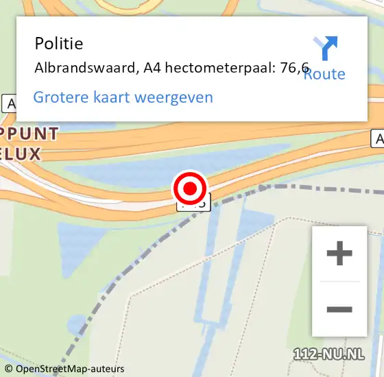 Locatie op kaart van de 112 melding: Politie Albrandswaard, A4 hectometerpaal: 76,6 op 30 juli 2023 18:05
