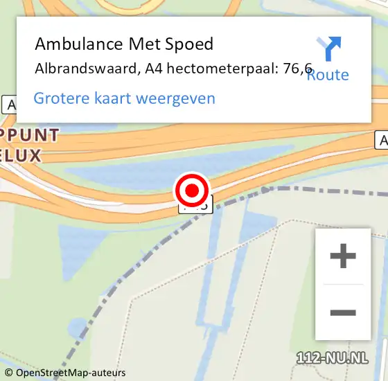 Locatie op kaart van de 112 melding: Ambulance Met Spoed Naar Albrandswaard, A4 hectometerpaal: 76,6 op 30 juli 2023 18:06