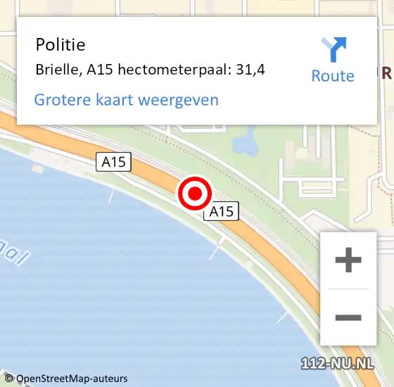 Locatie op kaart van de 112 melding: Politie Brielle, A15 hectometerpaal: 31,4 op 30 juli 2023 23:35