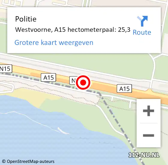 Locatie op kaart van de 112 melding: Politie Westvoorne, A15 hectometerpaal: 25,3 op 30 juli 2023 23:45