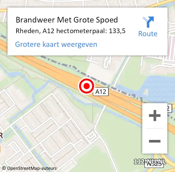 Locatie op kaart van de 112 melding: Brandweer Met Grote Spoed Naar Rheden, A12 hectometerpaal: 133,5 op 31 juli 2023 00:40