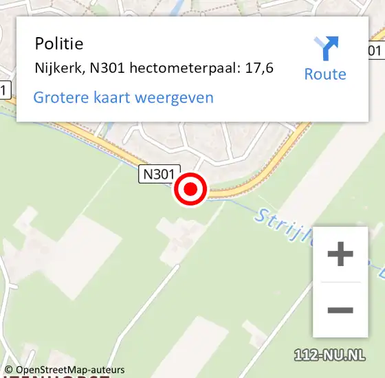Locatie op kaart van de 112 melding: Politie Nijkerk, N301 hectometerpaal: 17,6 op 31 juli 2023 04:23