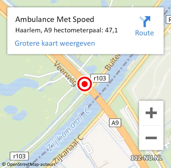 Locatie op kaart van de 112 melding: Ambulance Met Spoed Naar Haarlem, A9 hectometerpaal: 47,1 op 31 juli 2023 05:58