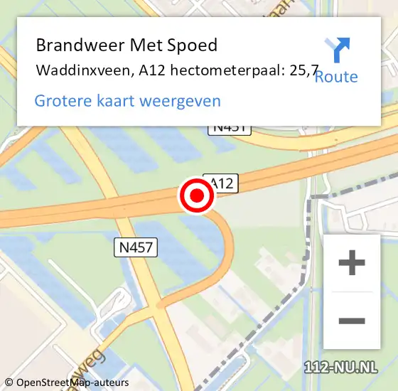 Locatie op kaart van de 112 melding: Brandweer Met Spoed Naar Waddinxveen, A12 hectometerpaal: 25,7 op 31 juli 2023 06:22