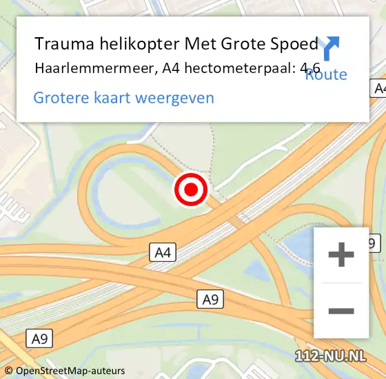 Locatie op kaart van de 112 melding: Trauma helikopter Met Grote Spoed Naar Haarlemmermeer, A4 hectometerpaal: 4,6 op 31 juli 2023 08:58