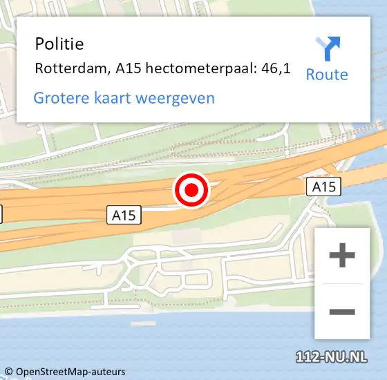 Locatie op kaart van de 112 melding: Politie Rotterdam, A15 hectometerpaal: 46,1 op 31 juli 2023 14:11