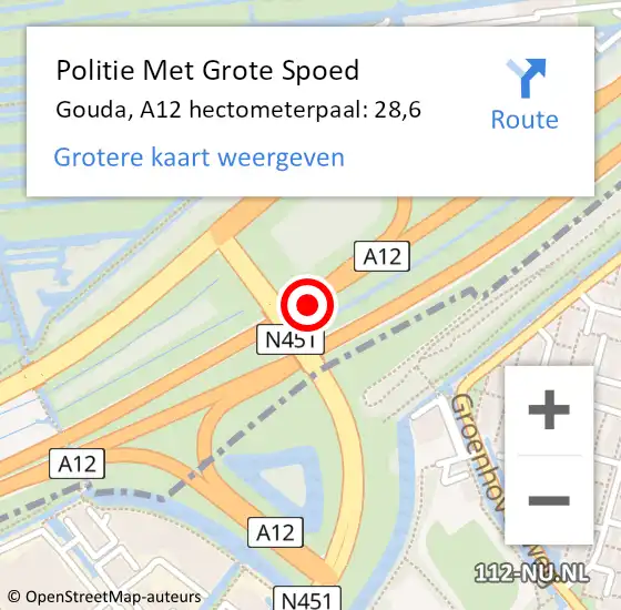 Locatie op kaart van de 112 melding: Politie Met Grote Spoed Naar Gouda, A12 hectometerpaal: 28,6 op 31 juli 2023 16:09