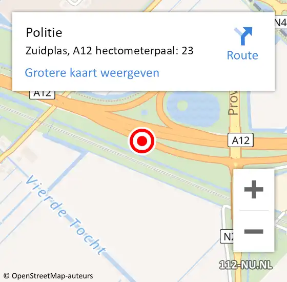 Locatie op kaart van de 112 melding: Politie Zuidplas, A12 hectometerpaal: 23 op 31 juli 2023 18:28