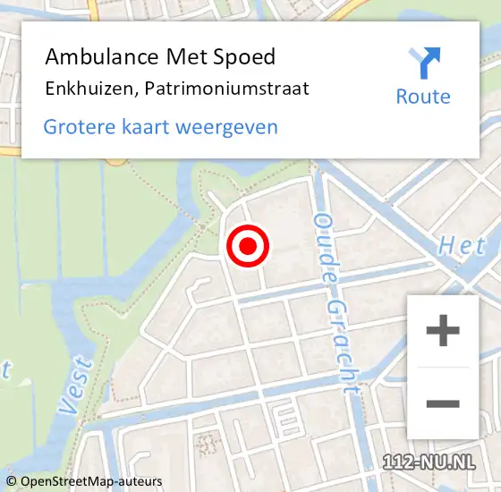 Locatie op kaart van de 112 melding: Ambulance Met Spoed Naar Enkhuizen, Patrimoniumstraat op 31 juli 2023 19:51