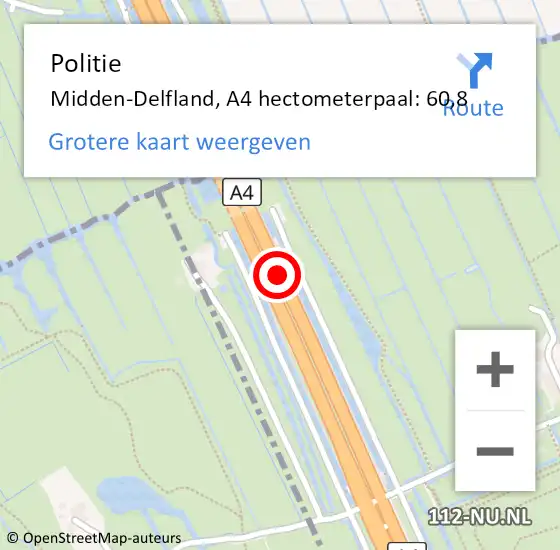 Locatie op kaart van de 112 melding: Politie Midden-Delfland, A4 hectometerpaal: 60,8 op 31 juli 2023 19:58