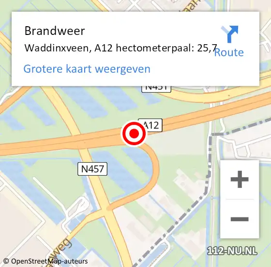 Locatie op kaart van de 112 melding: Brandweer Waddinxveen, A12 hectometerpaal: 25,7 op 31 juli 2023 21:18