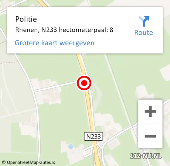 Locatie op kaart van de 112 melding: Politie Rhenen, N233 hectometerpaal: 8 op 31 juli 2023 22:04