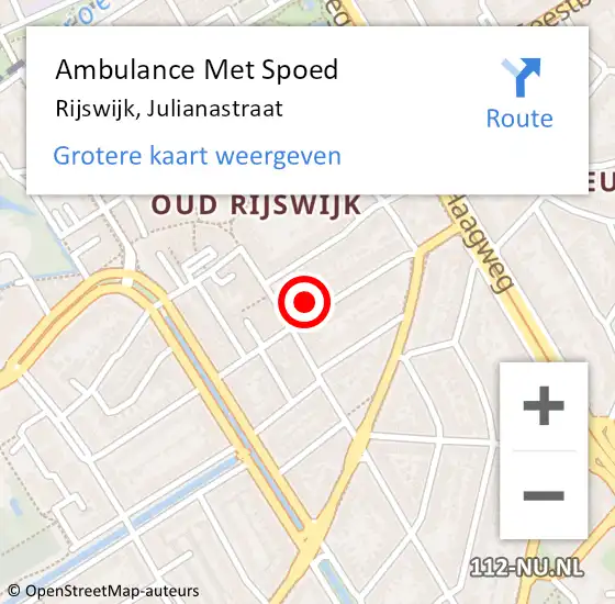 Locatie op kaart van de 112 melding: Ambulance Met Spoed Naar Rijswijk, Julianastraat op 31 juli 2023 22:28