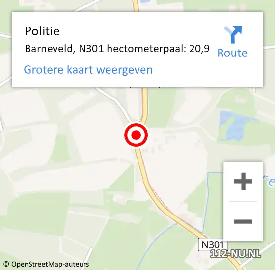 Locatie op kaart van de 112 melding: Politie Barneveld, N301 hectometerpaal: 20,9 op 1 augustus 2023 06:40
