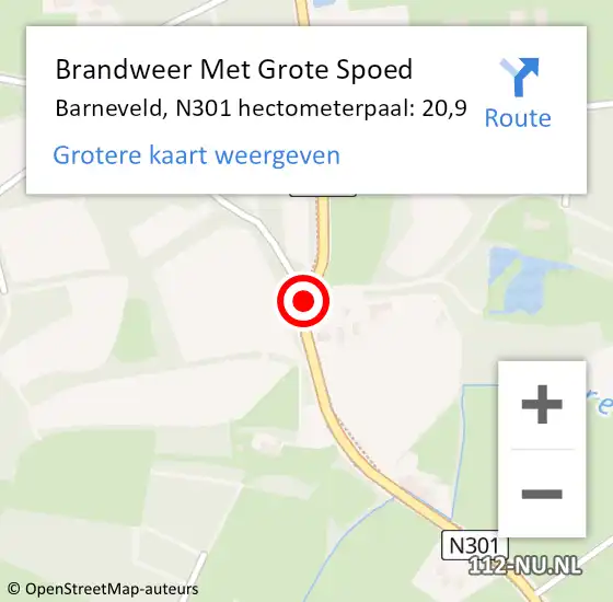 Locatie op kaart van de 112 melding: Brandweer Met Grote Spoed Naar Barneveld, N301 hectometerpaal: 20,9 op 1 augustus 2023 06:40