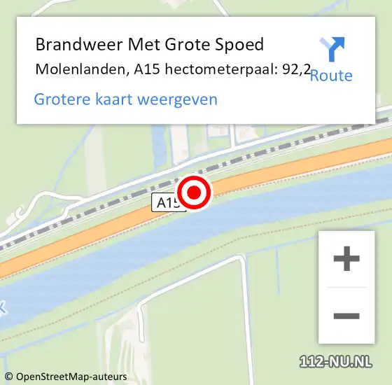 Locatie op kaart van de 112 melding: Brandweer Met Grote Spoed Naar Molenlanden, A15 hectometerpaal: 92,2 op 1 augustus 2023 07:54