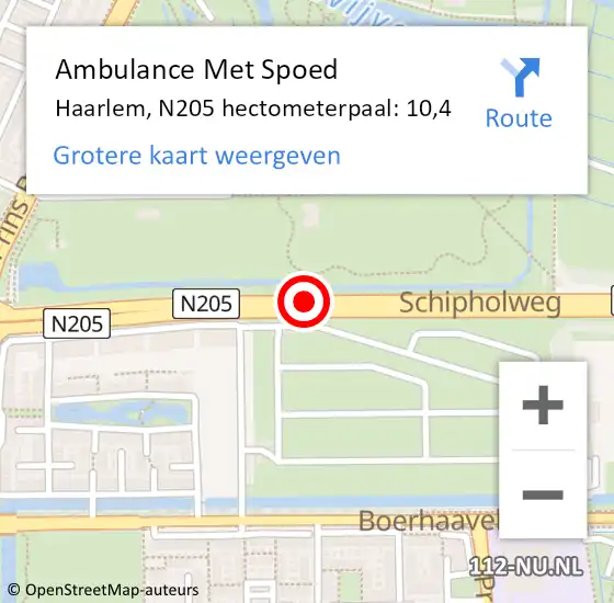 Locatie op kaart van de 112 melding: Ambulance Met Spoed Naar Haarlem, N205 hectometerpaal: 10,4 op 1 augustus 2023 08:14