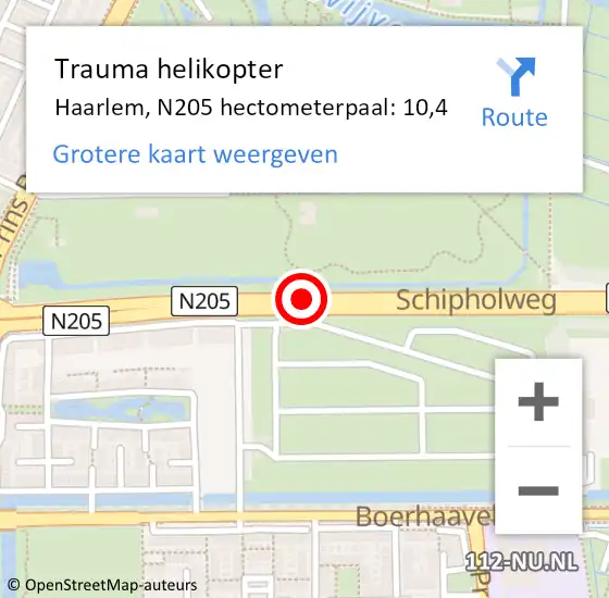 Locatie op kaart van de 112 melding: Trauma helikopter Haarlem, N205 hectometerpaal: 10,4 op 1 augustus 2023 08:16