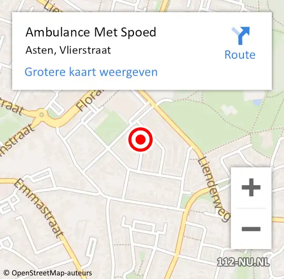 Locatie op kaart van de 112 melding: Ambulance Met Spoed Naar Asten, Vlierstraat op 3 september 2014 14:39