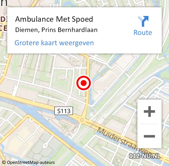 Locatie op kaart van de 112 melding: Ambulance Met Spoed Naar Diemen, Prins Bernhardlaan op 1 augustus 2023 11:24