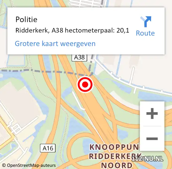 Locatie op kaart van de 112 melding: Politie Ridderkerk, A38 hectometerpaal: 20,1 op 1 augustus 2023 14:10