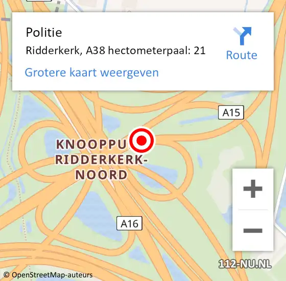 Locatie op kaart van de 112 melding: Politie Ridderkerk, A38 hectometerpaal: 21 op 1 augustus 2023 14:11