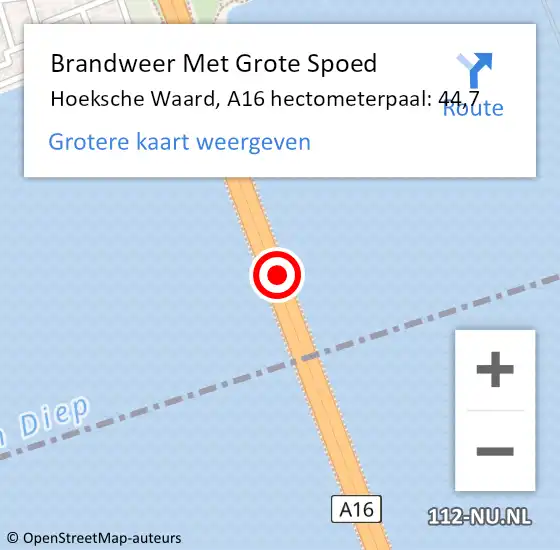 Locatie op kaart van de 112 melding: Brandweer Met Grote Spoed Naar Hoeksche Waard, A16 hectometerpaal: 44,7 op 1 augustus 2023 14:13