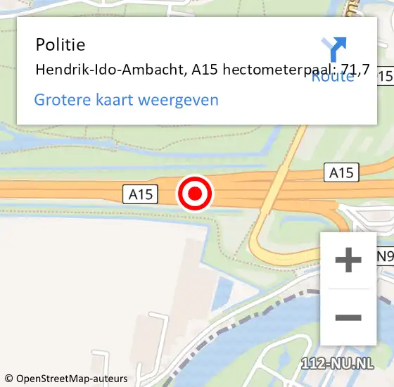 Locatie op kaart van de 112 melding: Politie Hendrik-Ido-Ambacht, A15 hectometerpaal: 71,7 op 1 augustus 2023 14:43
